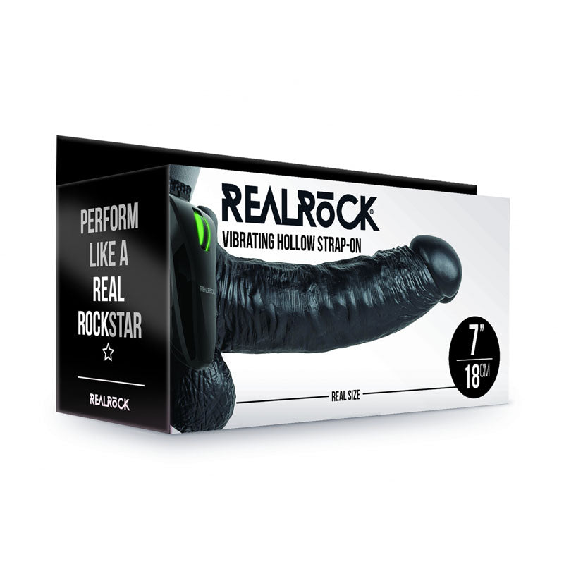 REALROCK Vibrating Hollow Strapon + Balls - 18cm Black - Naughty by Nature Adult Store
