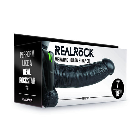 REALROCK Vibrating Hollow Strapon + Balls - 18cm Black - Naughty by Nature Adult Store