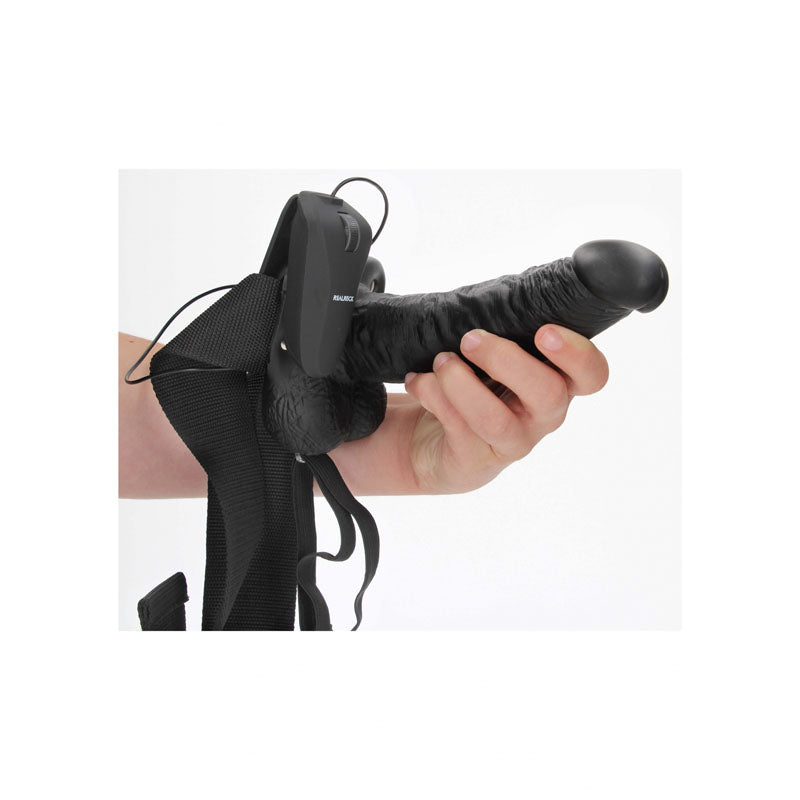 REALROCK Vibrating Hollow Strapon + Balls - 18cm Black - Naughty by Nature Adult Store