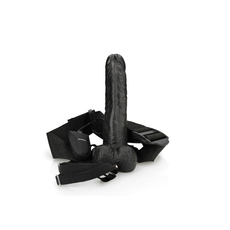 REALROCK Vibrating Hollow Strapon + Balls - 18cm Black - Naughty by Nature Adult Store