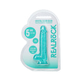 Crystal clear dildo in packaging with 'Real Rock' branding on a white background
