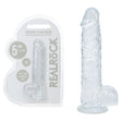 Clear silicone dildo with packaging labeled 'Real Rock' on a white background