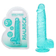 Turquoise clear dildo with packaging labeled 'Real Rock' on a white background