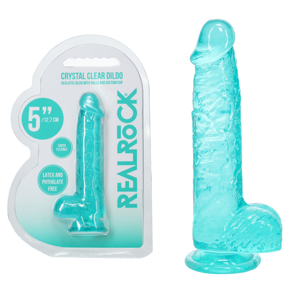 Turquoise clear dildo with packaging labeled 'Real Rock' on a white background