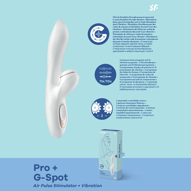 Satisfyer Pro + G-Spot - White 22 cm USB Rechargeable Rabbit Vibrator with Touch-Free Clitoral Stimulator - Naughty by Nature Adult Store