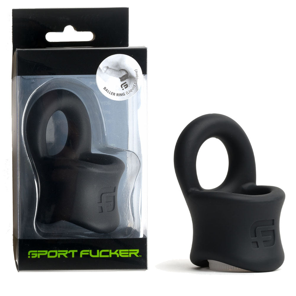 Sport Fucker Baller Ring - Black Liquid Silicone Cock Ring with Ball Stretcher - Naughty by Nature Adult Store