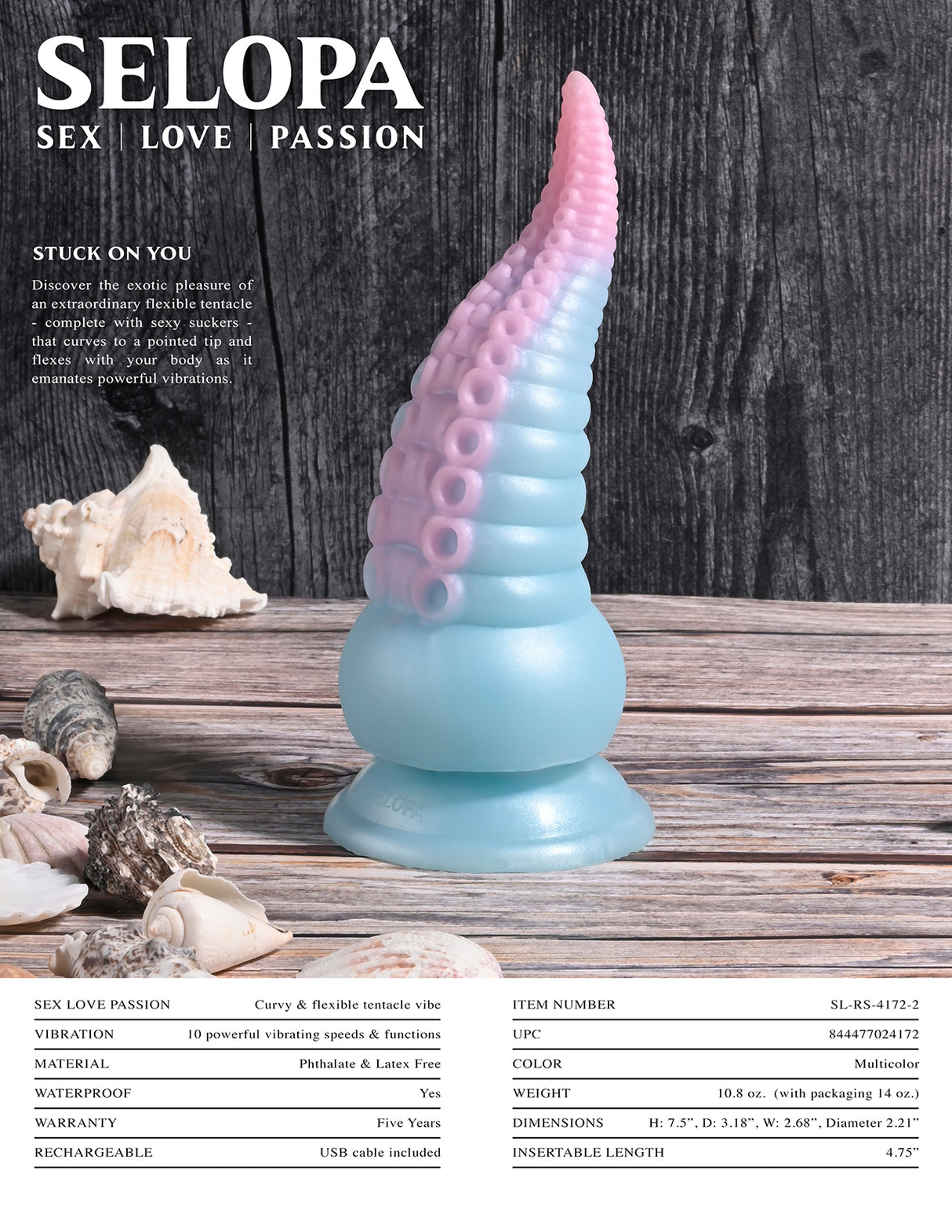 Selopa STUCK ON YOU - Rechargeable Vibrating Tentacle Dildo - Naughty by Nature Adult Store