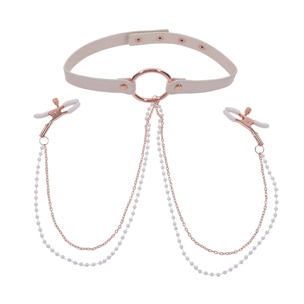Sex & Mischief Peaches n CreaMe Collar with Nipple Clamps - Peach - Naughty by Nature Adult Store