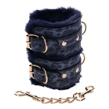 Sex & Mischief Cougar Fur Handcuffs - Navy Blue/Gold Furry Restraints - Naughty by Nature Adult Store