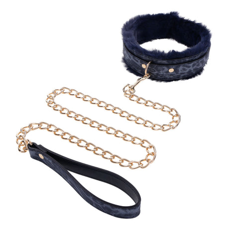 Sex & Mischief Cougar Fur Collar & Leash - Navy Blue/Gold Restraint - Naughty by Nature Adult Store