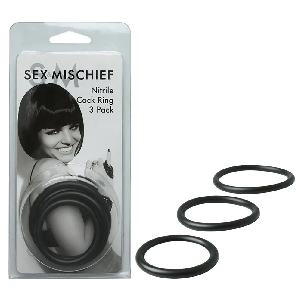 Sex & Mischief Nitrile Cock Ring 3 Pack - Black Cock Rings - Set of 3 Sizes - Naughty by Nature Adult Store