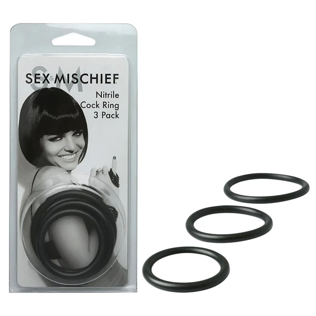 Sex & Mischief Nitrile Cock Ring 3 Pack - Black Cock Rings - Set of 3 Sizes - Naughty by Nature Adult Store