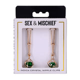 Sex And Mischief Indica Crystal Nipple Clips Gold With Emerald Gems