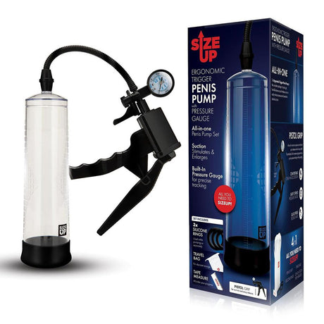 Size Up Ergonomic Trigger Penis Pump with Pressure Gauge - Clear Penis Pump - Naughty by Nature Adult Store