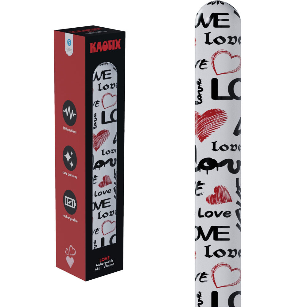 White electronic device with 'LOVE' and heart designs next to its packaging box on a white background