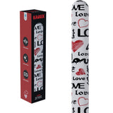 White electronic device with 'LOVE' and heart designs next to its packaging box on a white background