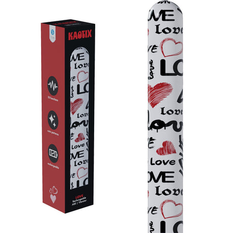 White electronic device with 'LOVE' and heart designs next to its packaging box on a white background