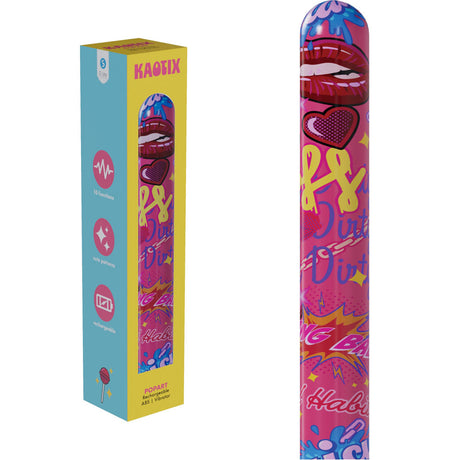 Colorful vape pen with graphic design next to its packaging on a white background