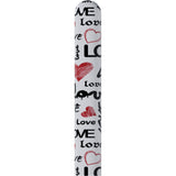 White cylindrical object with 'love' text and red heart designs on a white background