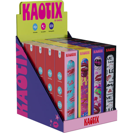 Display of Kaotix products with colorful packaging in a promotional stand.