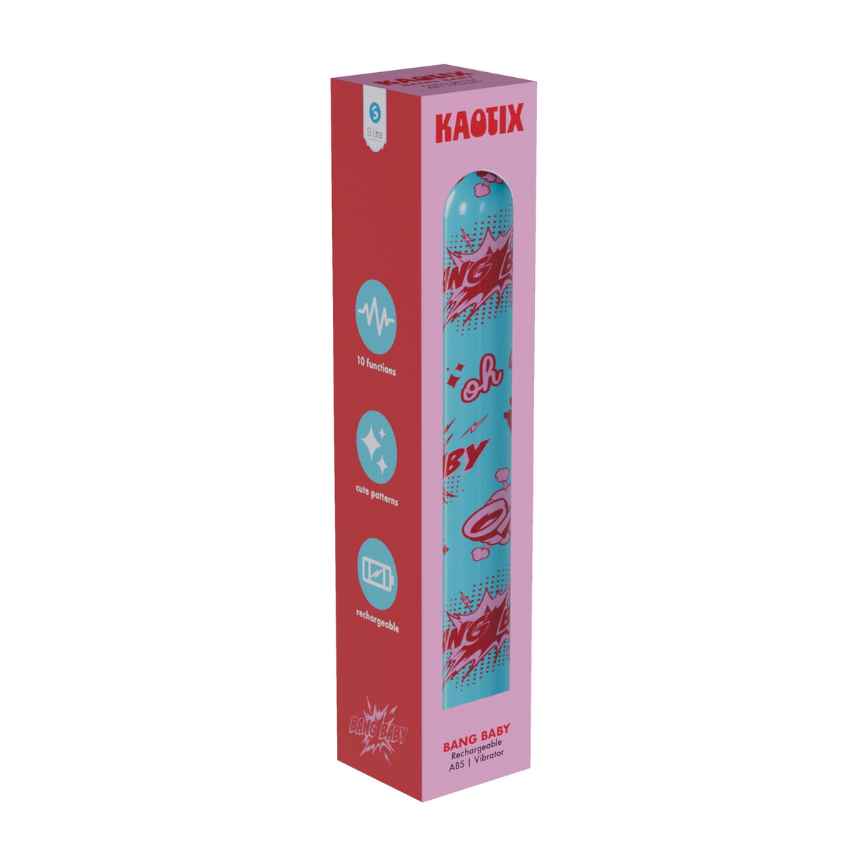 Product packaging with a red and pink design on a white background