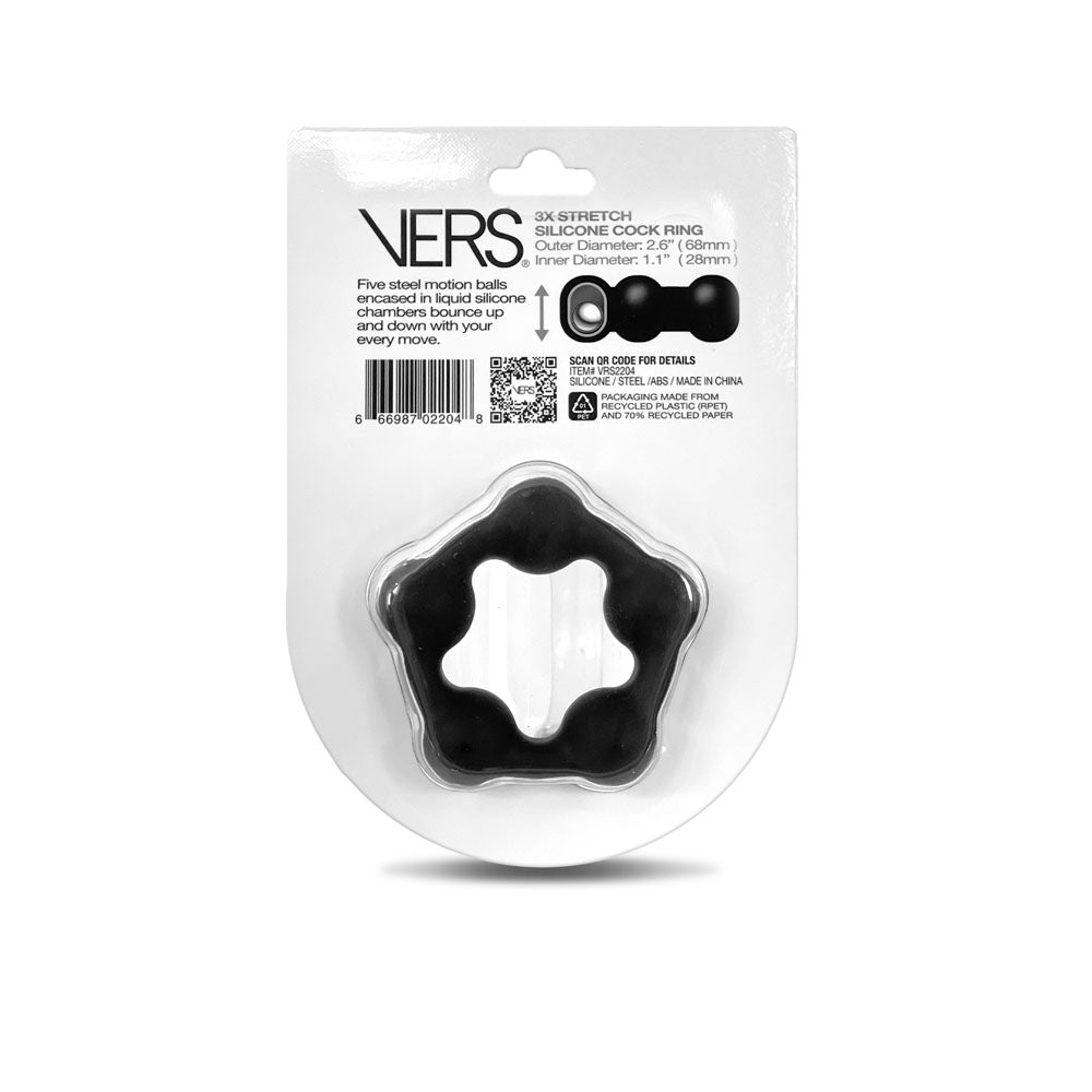 VERS Liquid Silicone Steel Motion C-Ring - Black Cock Ring with Steel Motion Balls - Naughty by Nature Adult Store
