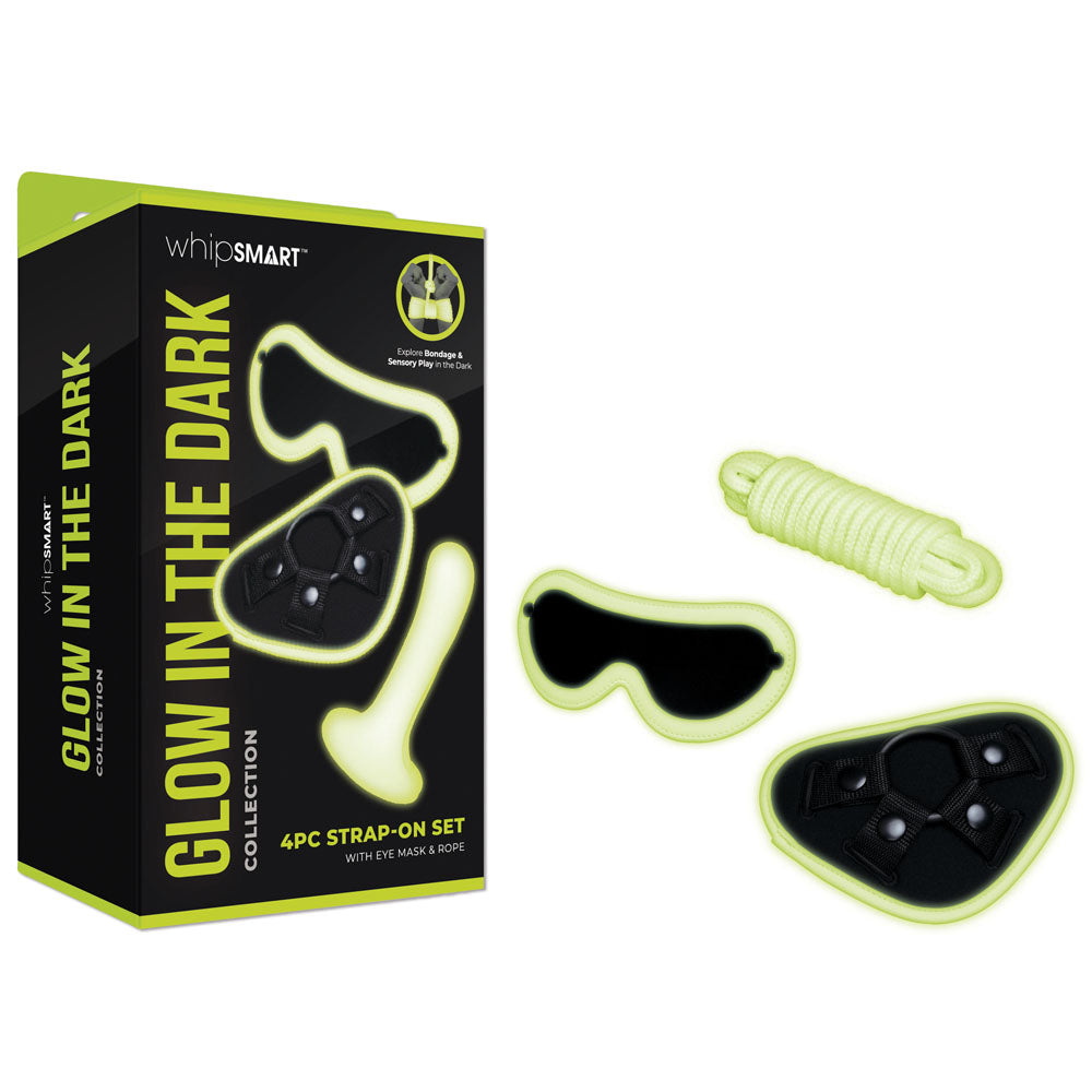WhipSmart Glow In The Dark 4pc Strap-On Set - Glow in Dark 15.2 cm Strap-On with Eye Mask & Rope - Naughty by Nature Adult Store