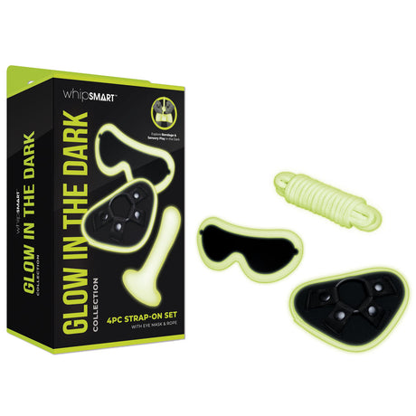 WhipSmart Glow In The Dark 4pc Strap-On Set - Glow in Dark 15.2 cm Strap-On with Eye Mask & Rope - Naughty by Nature Adult Store