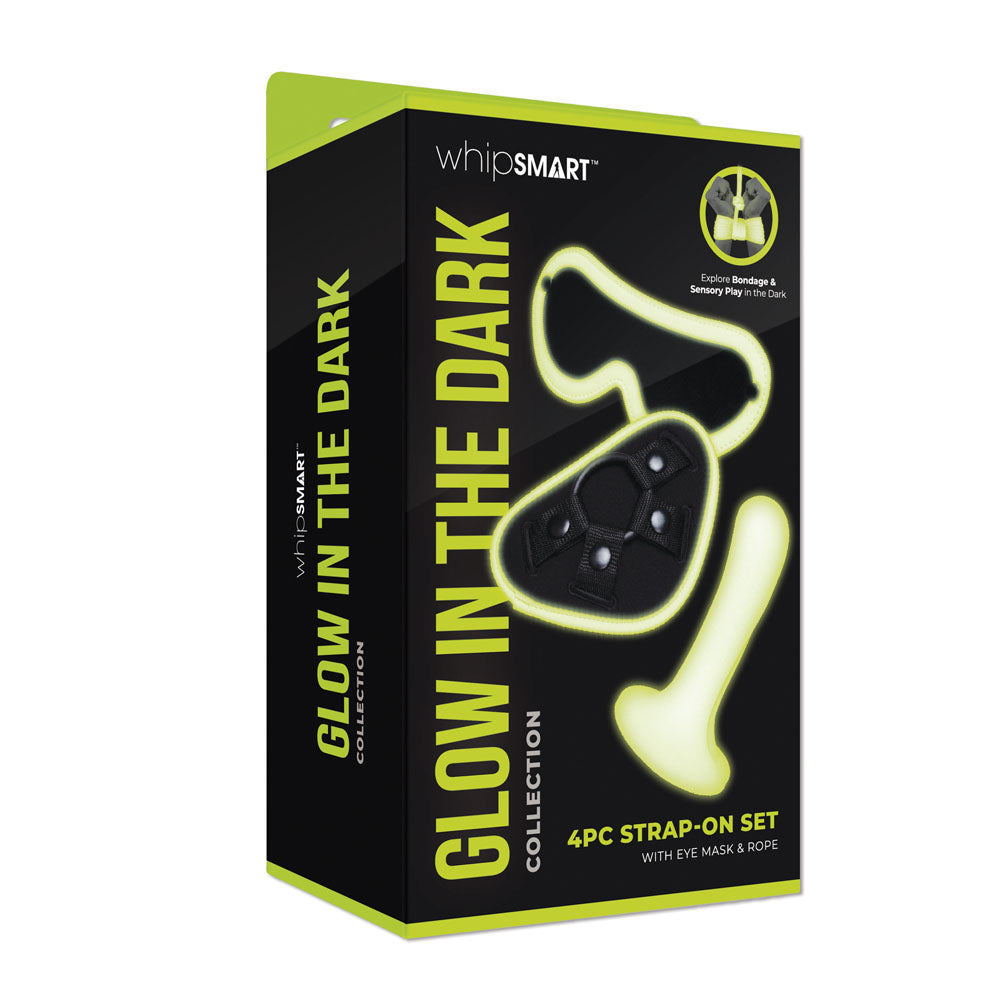 WhipSmart Glow In The Dark 4pc Strap-On Set - Glow in Dark 15.2 cm Strap-On with Eye Mask & Rope - Naughty by Nature Adult Store