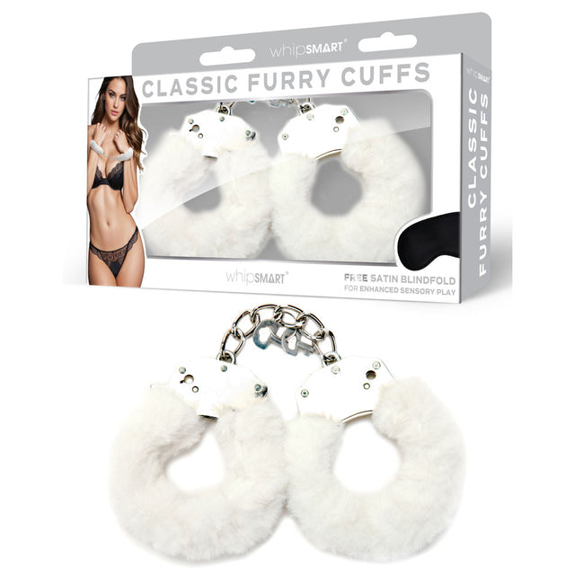 WhipSmart Classic Furry Cuffs - White - White Furry Restraints with Bonus Eye Mask - Naughty by Nature Adult Store