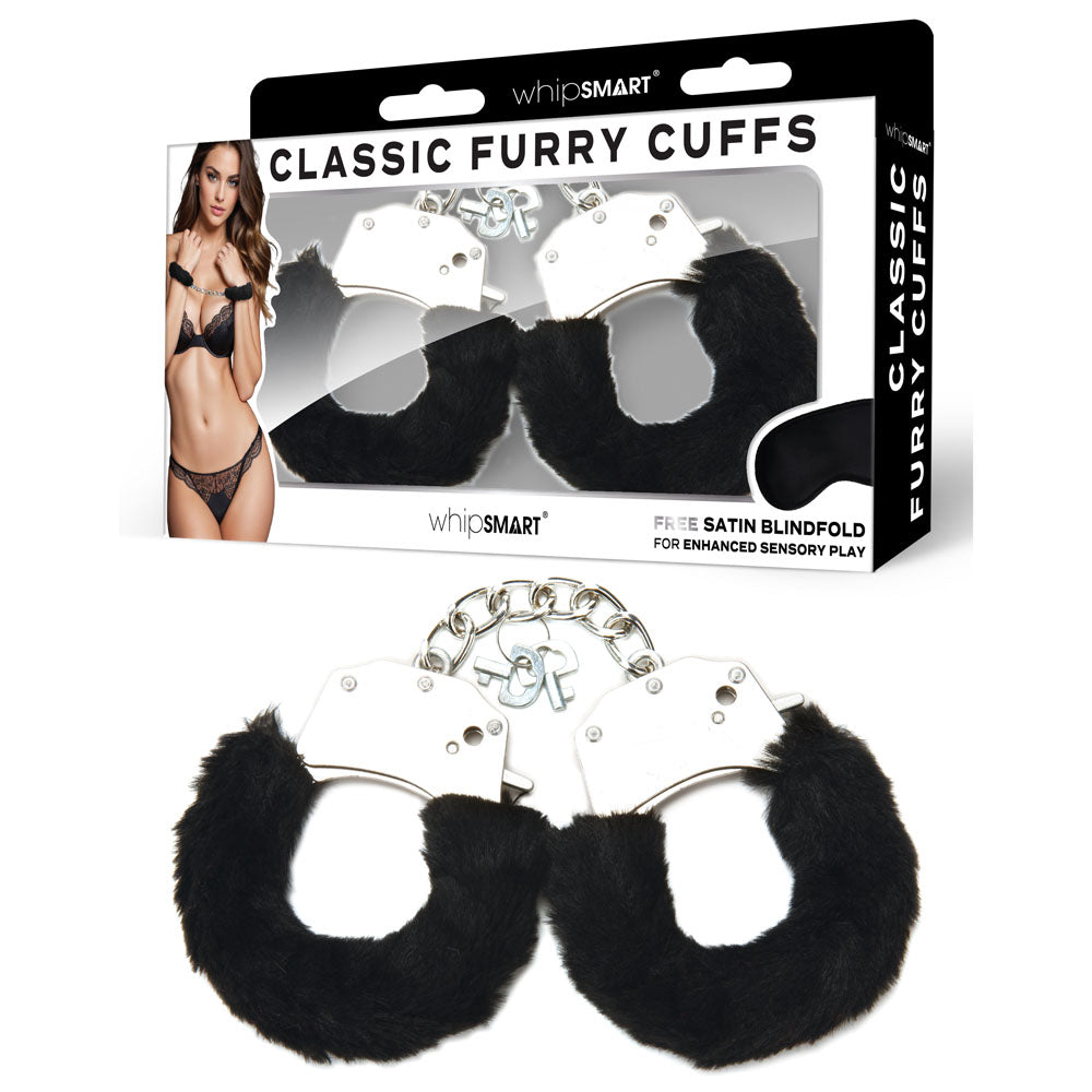 WhipSmart Classic Furry Cuffs - Black - Black Furry Restraints with Bonus Eye Mask - Naughty by Nature Adult Store