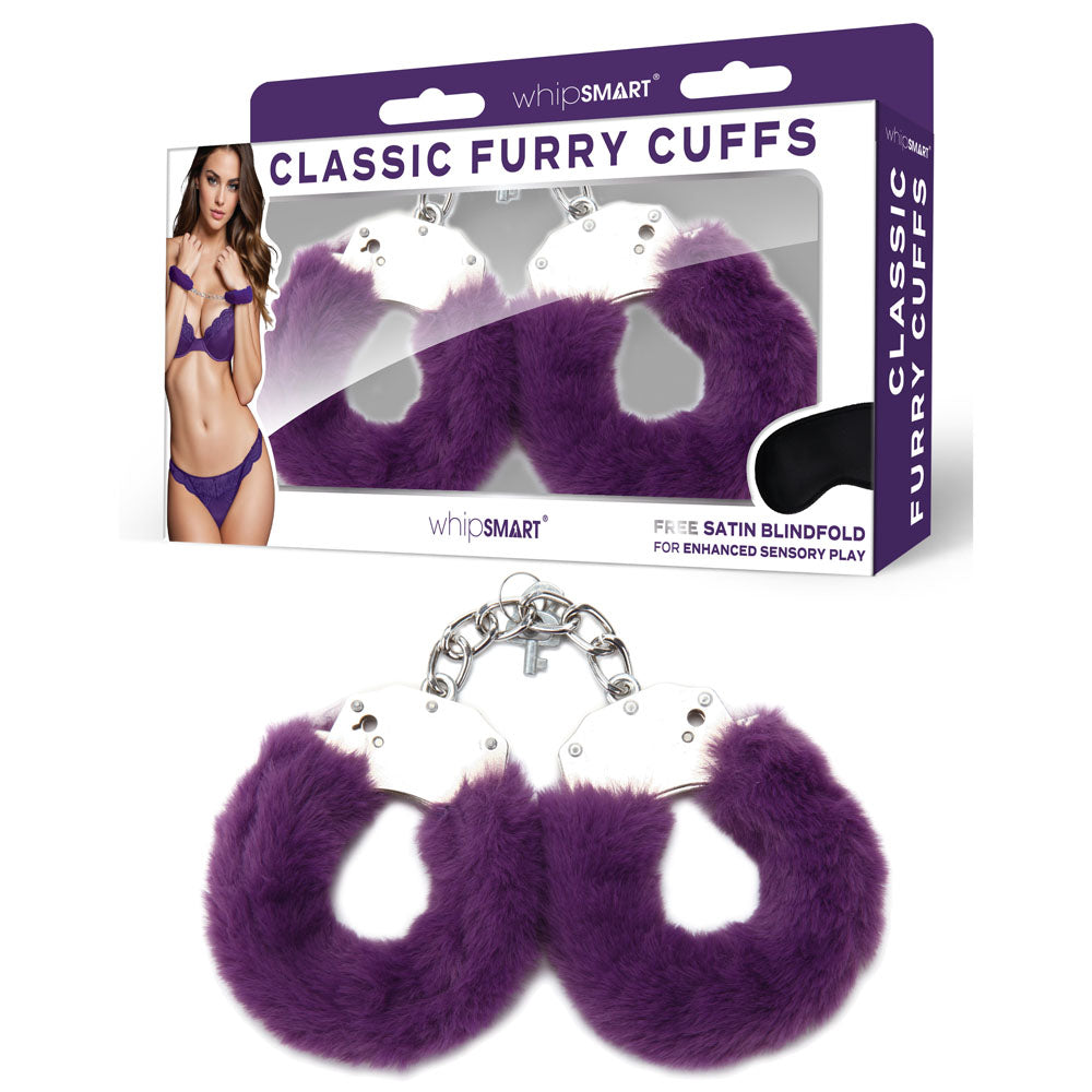 WhipSmart Classic Furry Cuffs - Purple - Purple Furry Restraints with Bonus Eye Mask - Naughty by Nature Adult Store