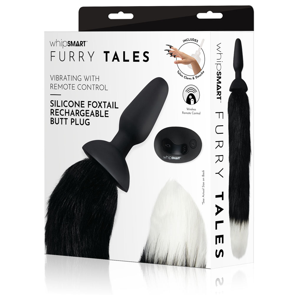 WhipSmart Furry Tales Silicone Foxtail Rechargeable Butt Plug - Black 9.5 cm Vibrating Butt Plug with Black Fox Tail & Remote Control - Naughty by Nature Adult Store