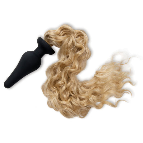 WhipSmart Furry Tales 4 Inch Silicone Pony Tail Butt Plug - Black 10.1 cm Butt Plug with Blonde Pony Tail - Naughty by Nature Adult Store