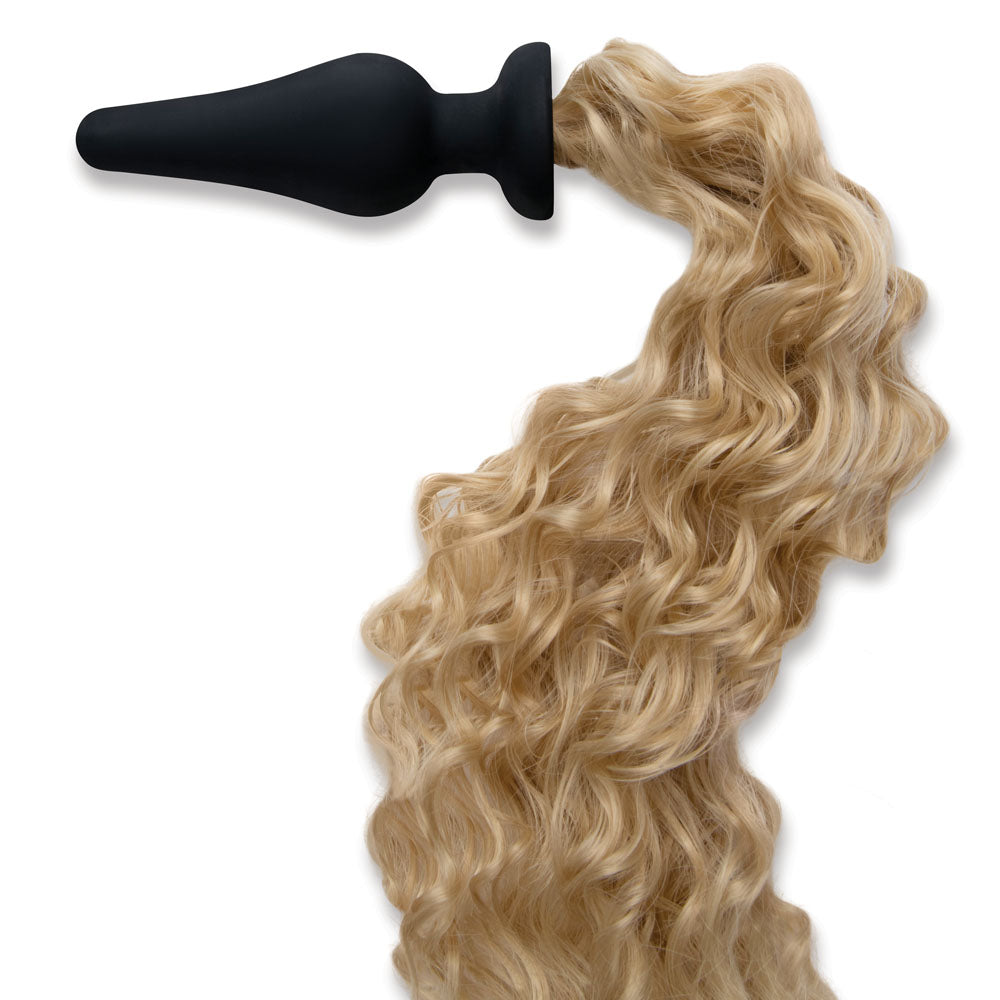 WhipSmart Furry Tales 4 Inch Silicone Pony Tail Butt Plug - Black 10.1 cm Butt Plug with Blonde Pony Tail - Naughty by Nature Adult Store
