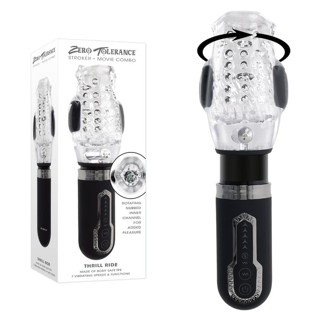 Zero Tolerance THRILL RIDE - Clear USB Rechargeable Thrusting, Rotating & Vibrating Stroker - Naughty by Nature Adult Store