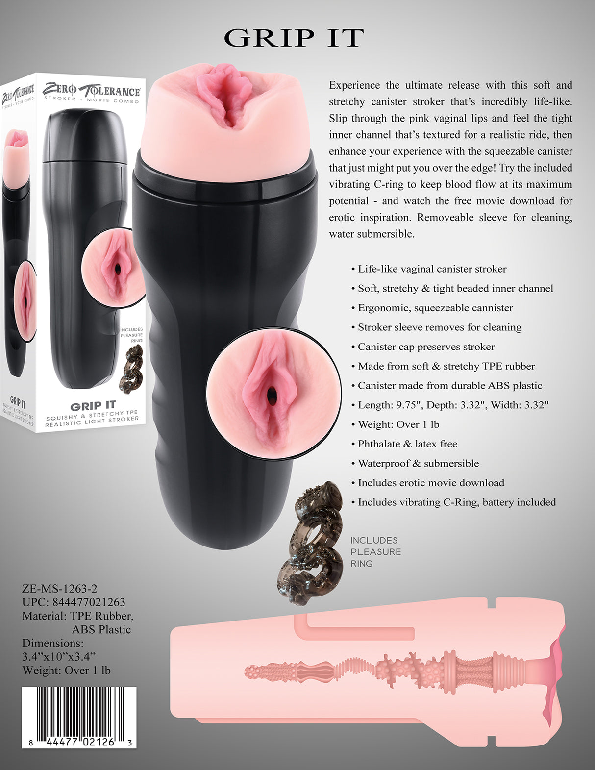 Zero Tolerance GRIP IT LIGHT - Flesh Vagina Stroker - Naughty by Nature Adult Store