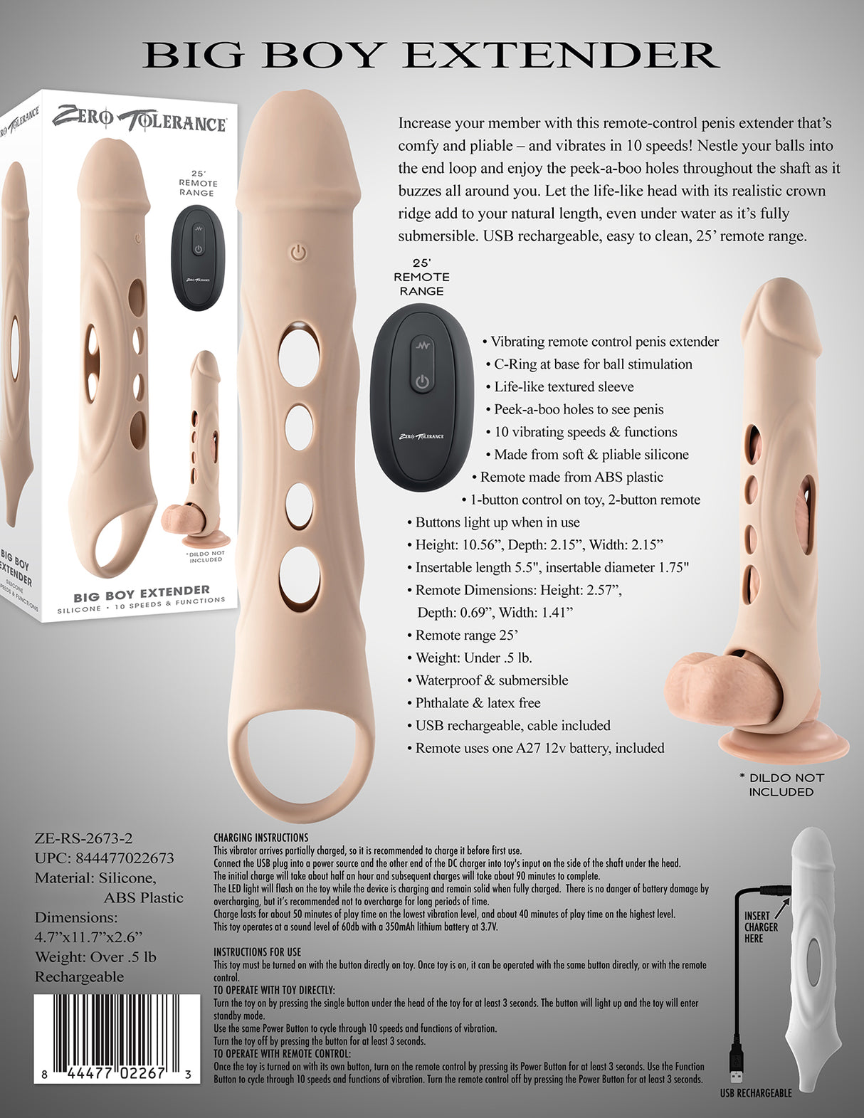 Zero Tolerance BIG BOY EXTENDER - Light - Flesh USB Rechargeable Vibrating Penis Extension Sleeve - Naughty by Nature Adult Store