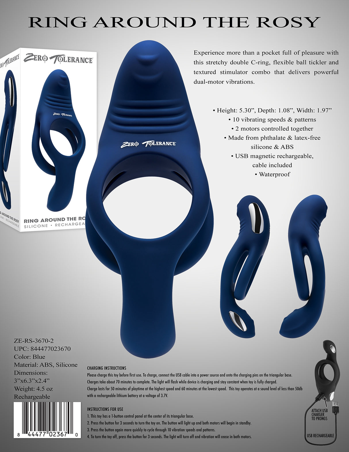 Zero Tolerance RING AROUND THE ROSY - Navy Blue USB Rechargeable Cock Ring - Naughty by Nature Adult Store