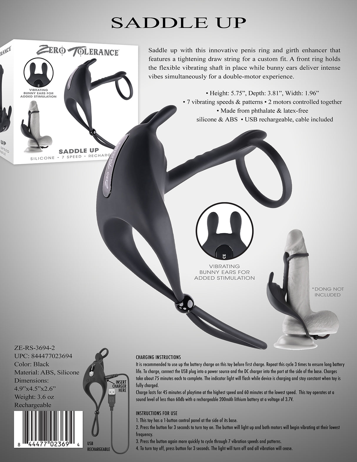 Zero Tolerance SADDLE UP - Black USB Rechargeable Vibrating Cock & Ball Rings - Naughty by Nature Adult Store