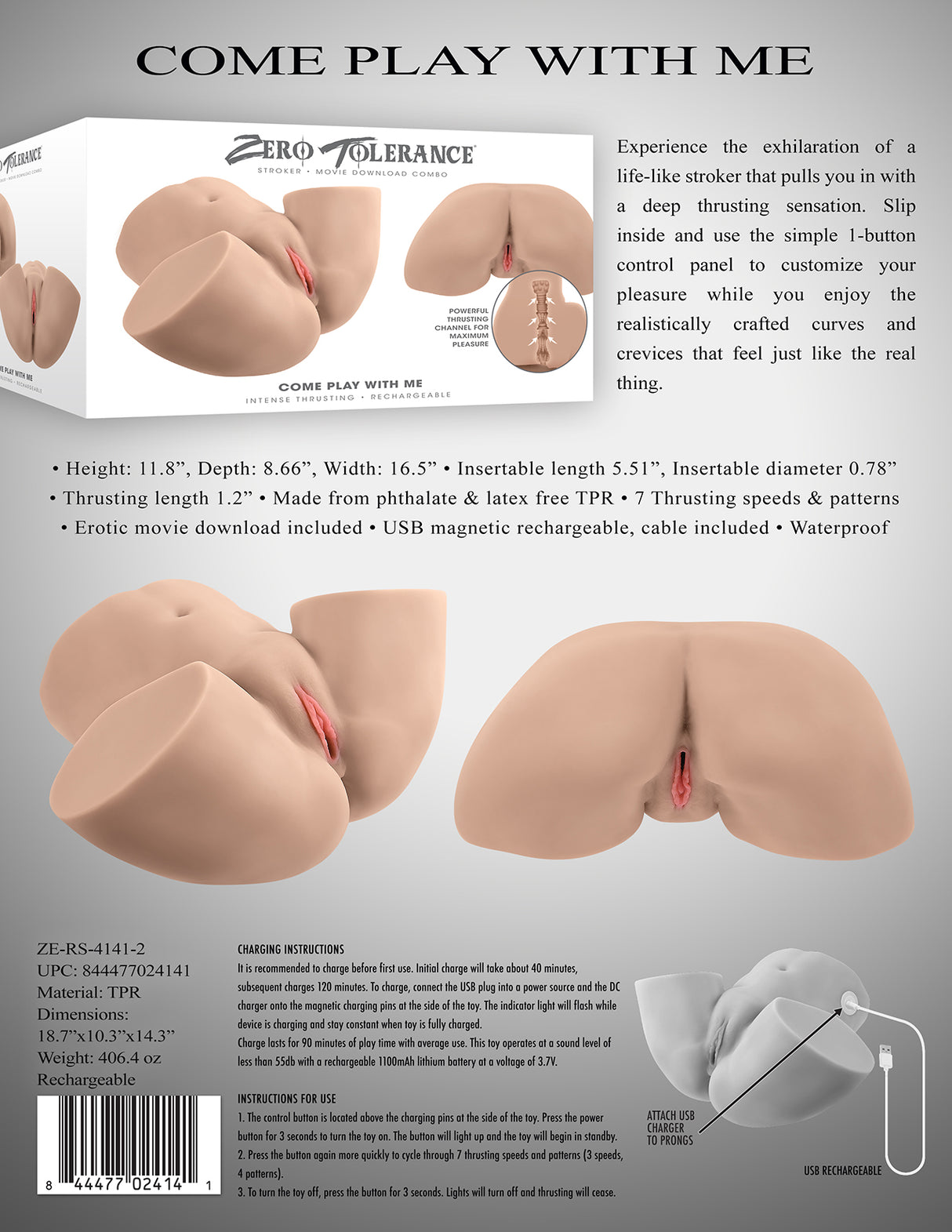 Zero Tolerance COME PLAY WITH ME - Light - Flesh Lifesize USB Rechargeable Thrusting Torso Masturbator - Naughty by Nature Adult Store