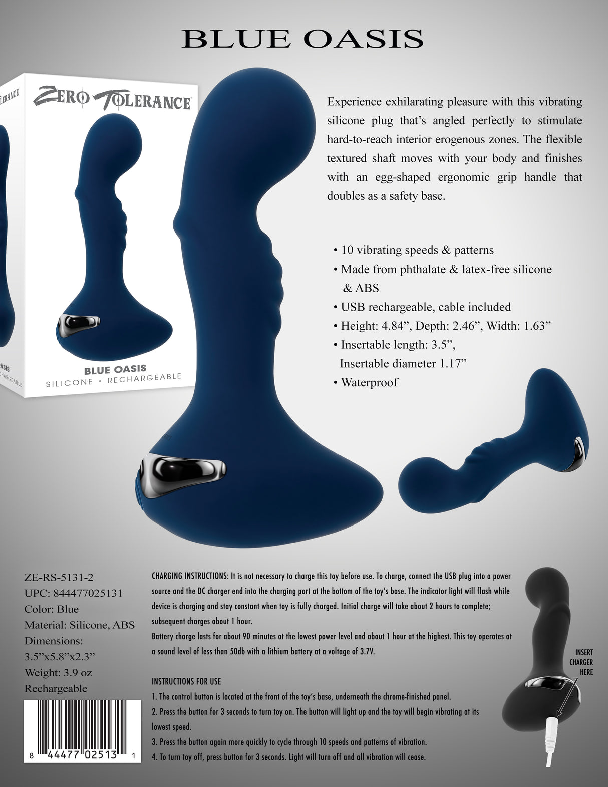 Zero Tolerance BLUE OASIS - Blue Vibrating Anal Plug - Naughty by Nature Adult Store