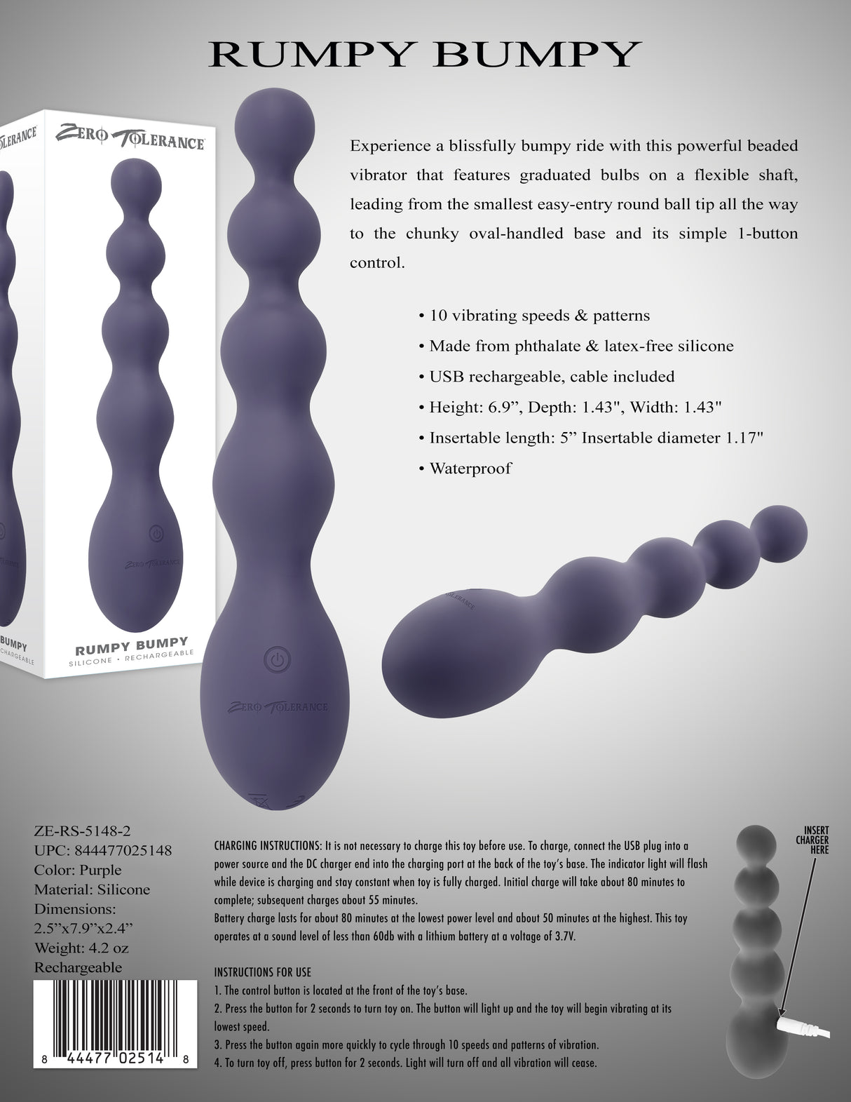 Zero Tolerance RUMPY BUMPY - Purple 17.5 cm USB Rechargeable Vibrating Anal Beads - Naughty by Nature Adult Store