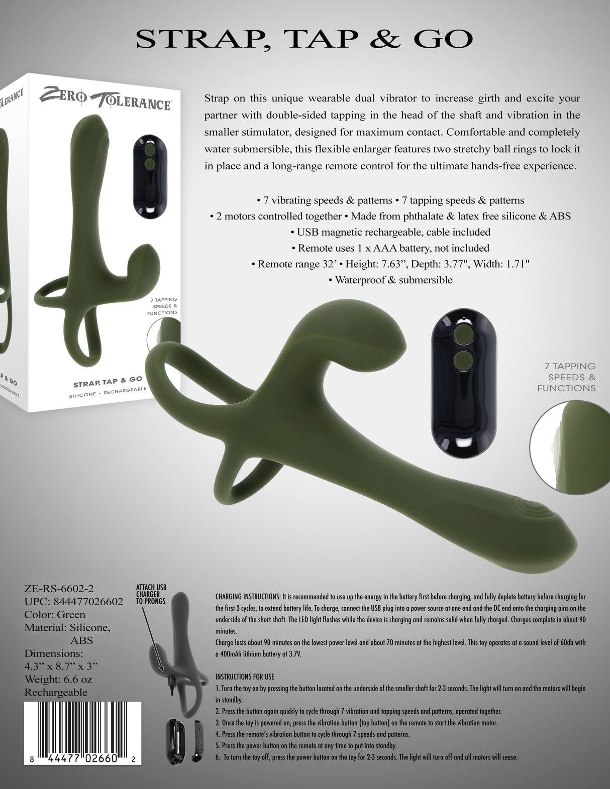Zero Tolerance STRAP, TAP & GO - Vibrating & Tapping Sleeve & Wireless Remote