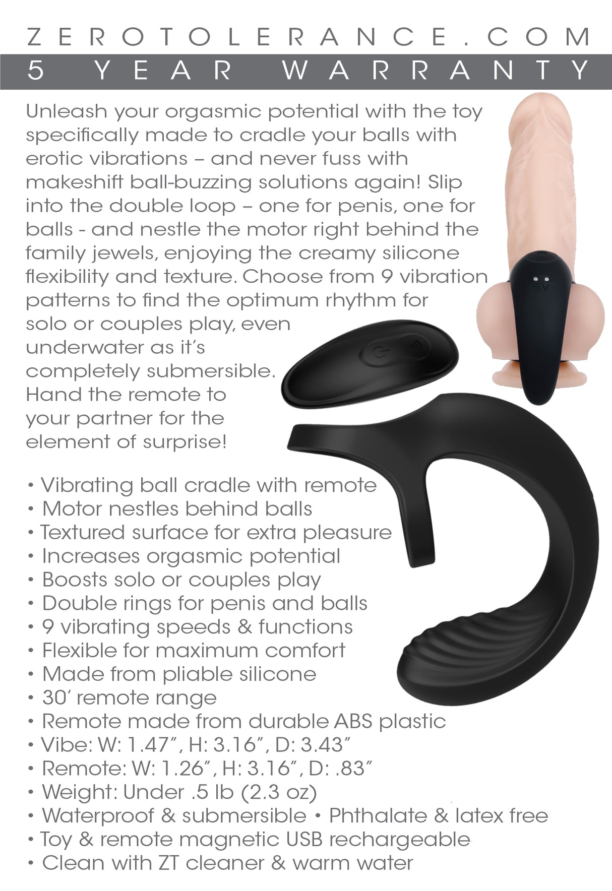 Zero Tolerance Vibrating Ball Cradle - Black USB Rechargeable Vibrating Cock Ring - Naughty by Nature Adult Store