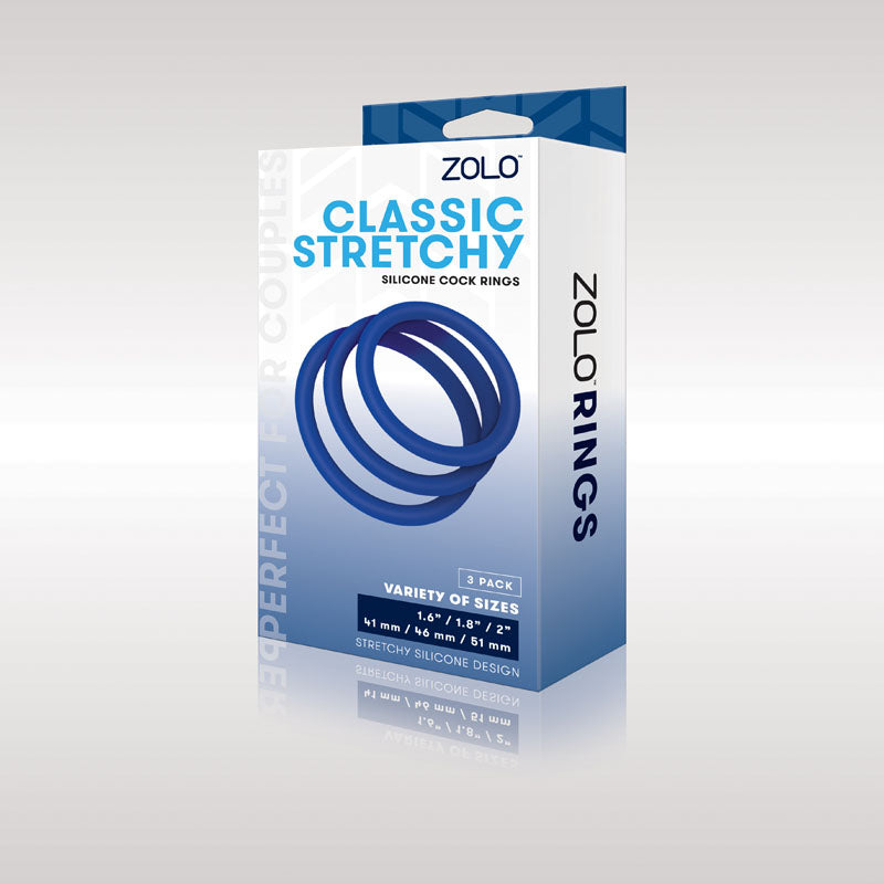 Zolo Classic Stretchy Silicone Cock Ring 3-Pack - Blue Cock Rings - Set of 3 Sizes - Naughty by Nature Adult Store