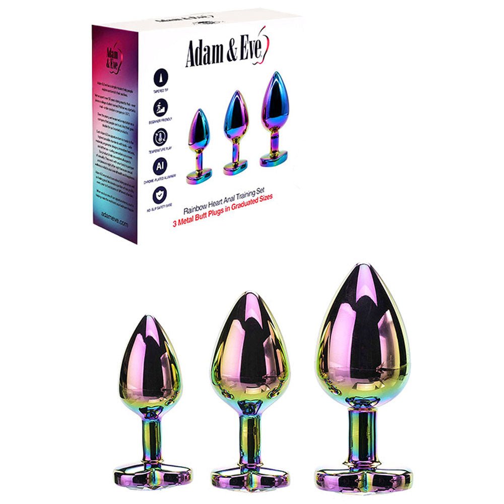 Adam & Eve RAINBOW HEART GEM ANAL TRAINING SET - Multicoloured Metal Anal Plugs with Gem Bases - Set of 3 Sizes - ANAL TOYS