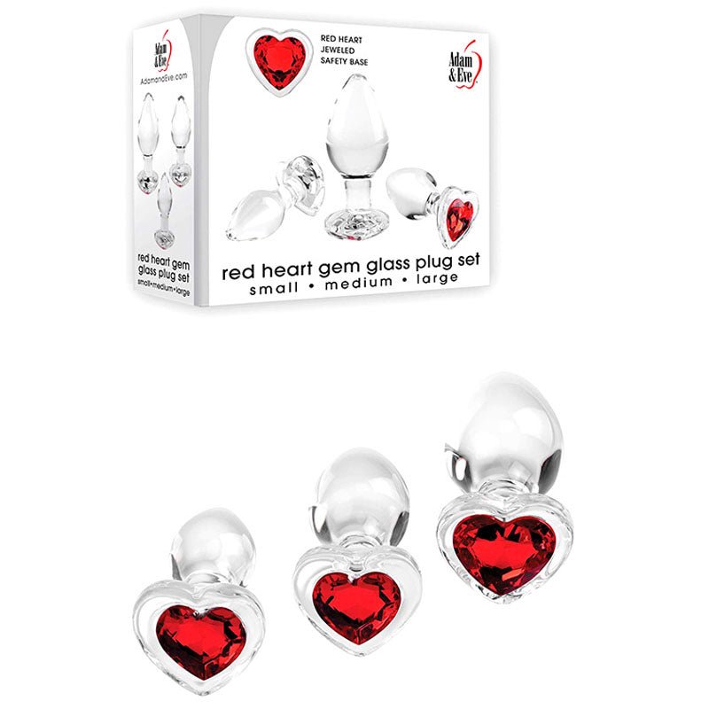 Adam & Eve RED HEART GEM GLASS PLUG SET - Clear Glass Butt Plugs - Set of 3 Sizes - ANAL TOYS