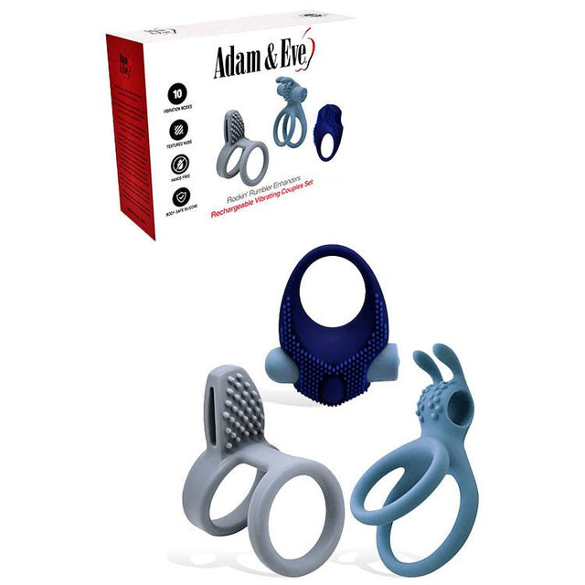 Adam Eve Rumbler Silicone Cock Rings Rechargeable Vibrating Bullet Set 3 - COCK RINGS