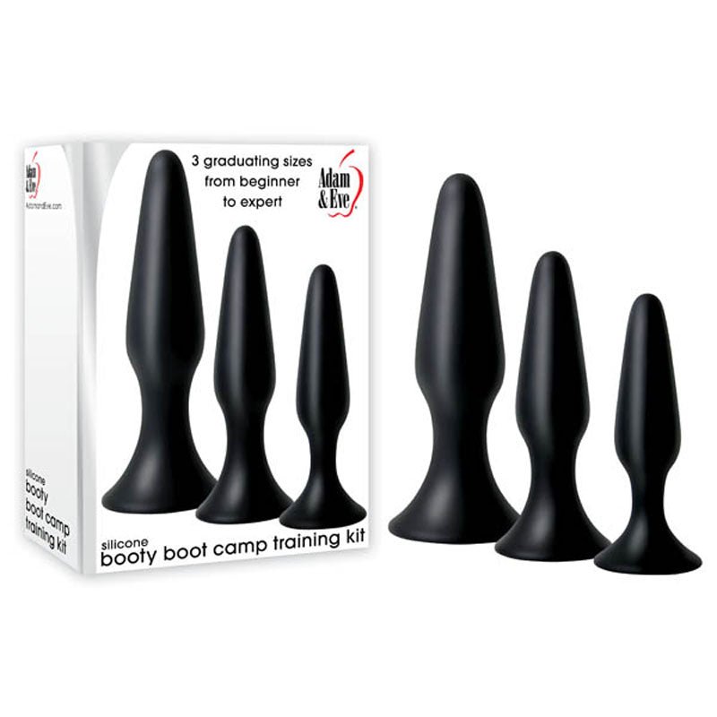 Adam & Eve Silicone Booty Boot Camp Training Kit - Black Butt Plugs - Set of 3 Sizes - ANAL TOYS